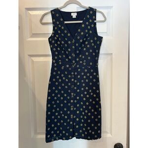 J.Crew Sleeveless Dress Linen Cotton Navy Yellow Daisy Floral Button Front Sz 0